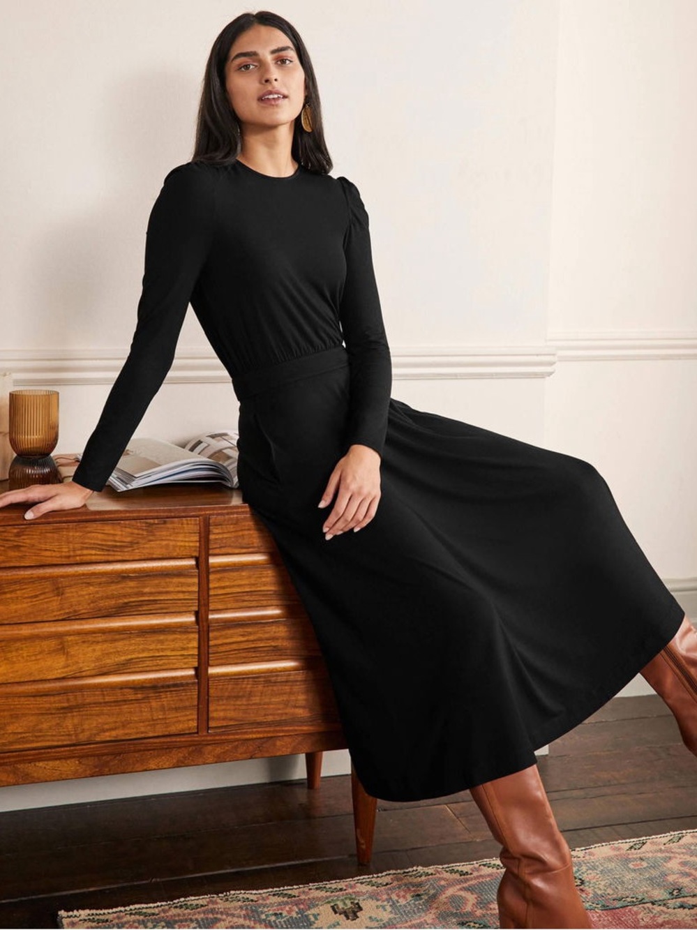 Boden | Puff Sleeve Jersey Midi Dress womens size 12L 12 long Black viscose Tall